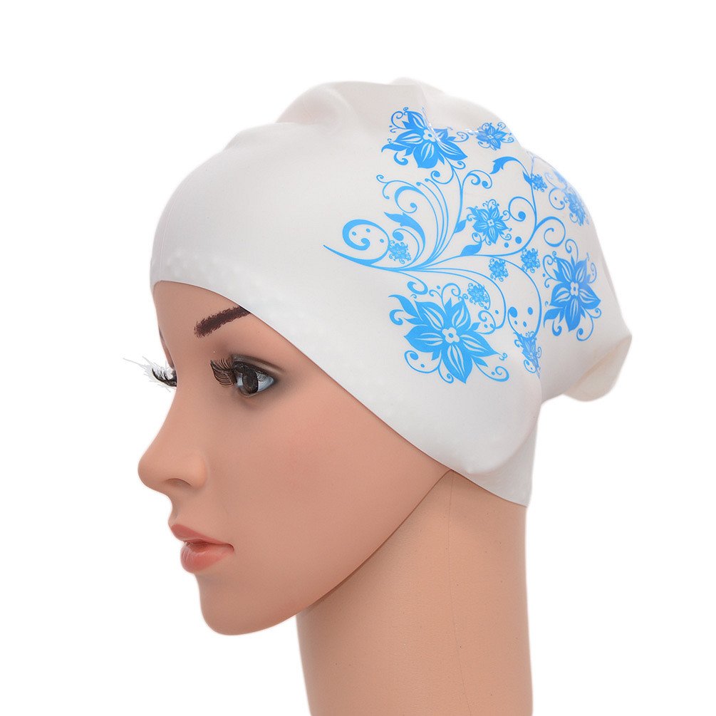 Medifier Women Ladies Elastic Silicone Water Pool Swimming Hat Cap Ear Wrap Hat for Long Hair Adults Flower Print (White)