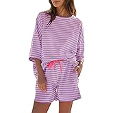 Fisoew Womens Striped 2 Piece Outfits Sweatsuits 3/4 Sleeve Oversized Tops High Waisted Shorts Casual Lounge Sets