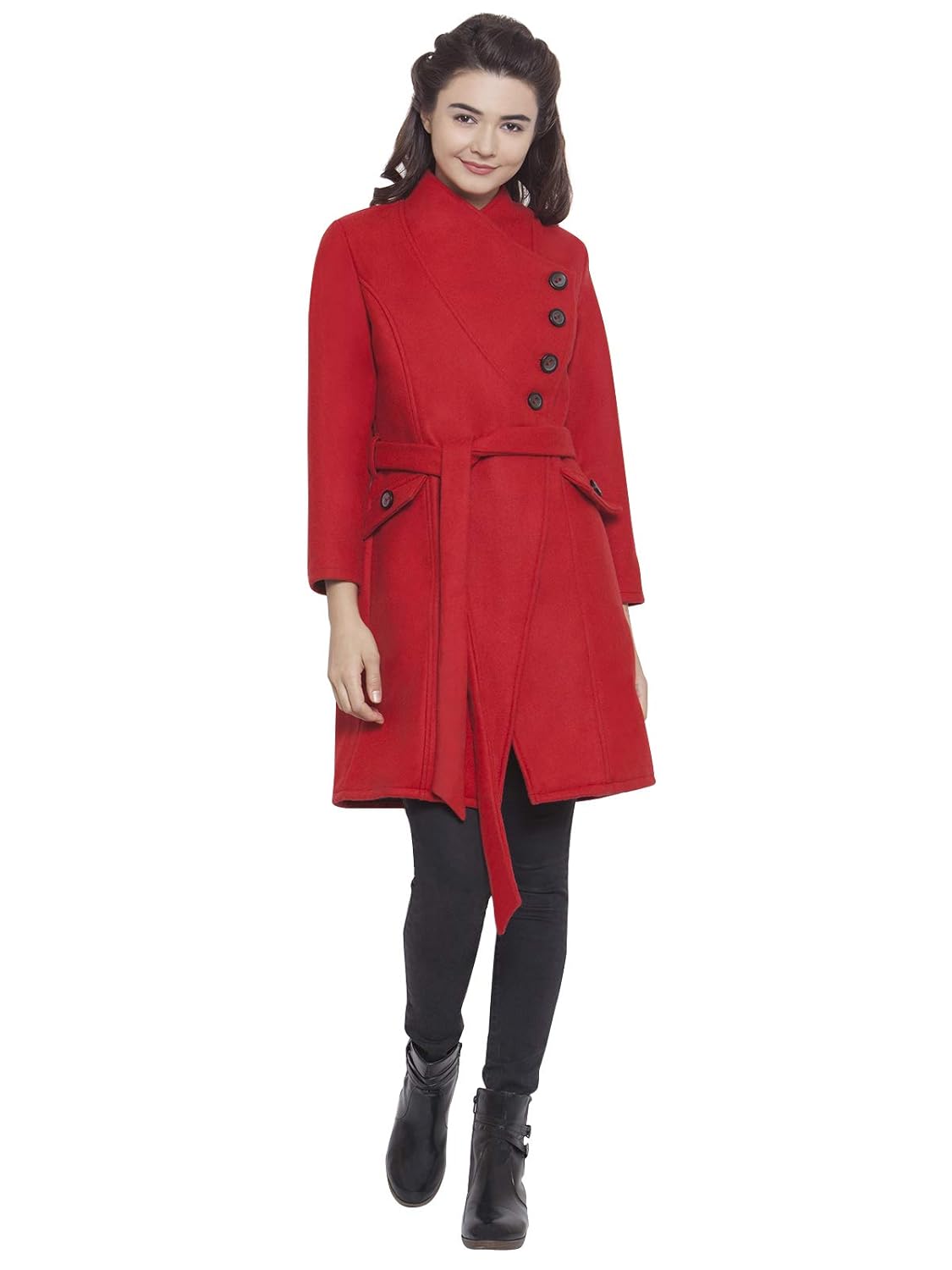 martini women red asymmetric belt long woolen coat