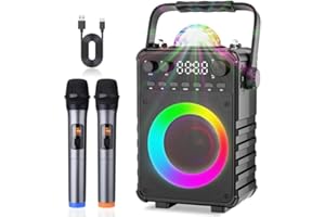 Amazmic Karaoke Machine with 2 Wireless Microphones, Portable Karaoke Machine for Adults PA System Bluetooth Speaker with Disco Lights for Kids, Family Party/Speach, Supports TF Card/USB, AUX in, FM