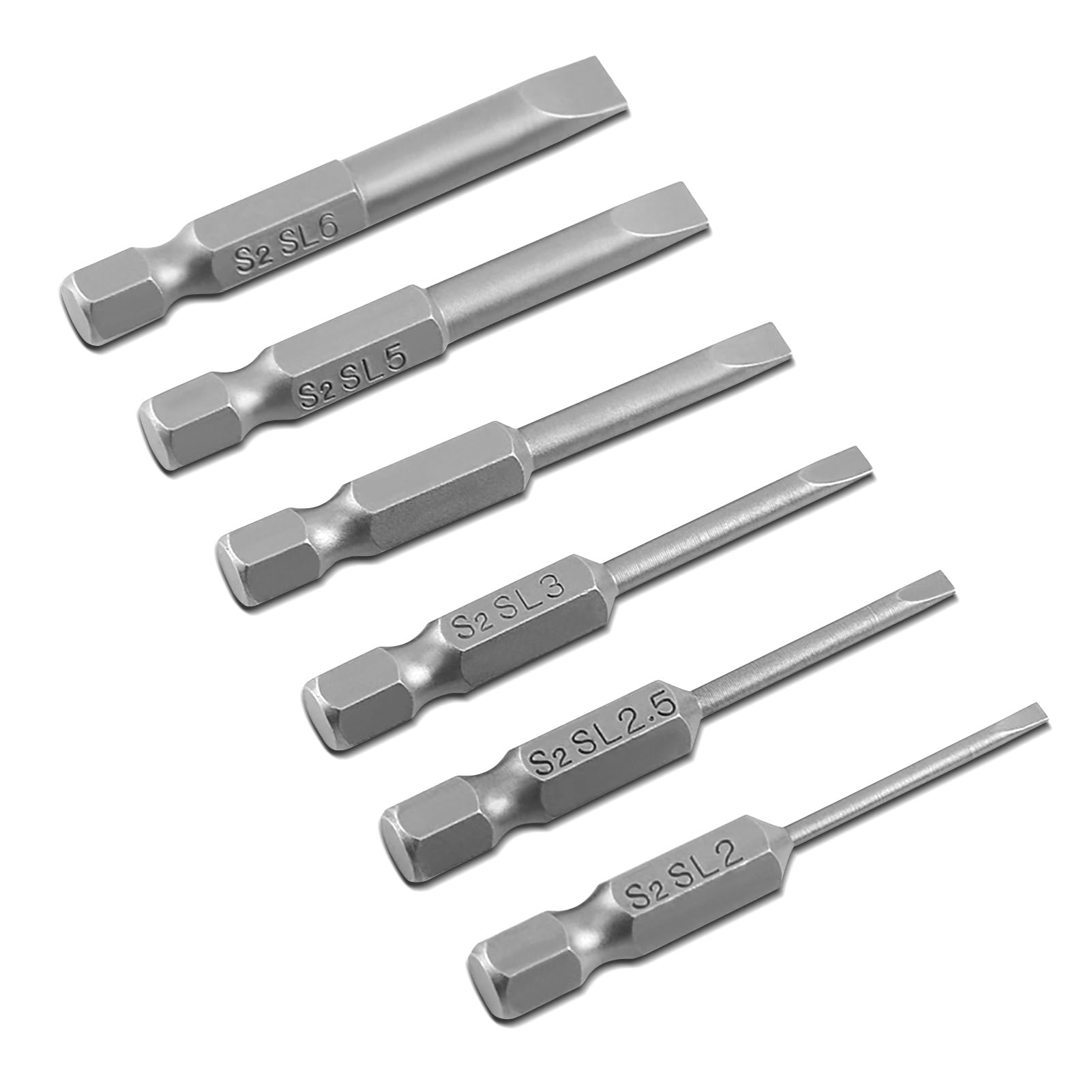 6pcs 50mm 2.0-6.0mm 0.25" Flat Head Slotted Screwdriver Bits Set, Hex Shank S2 Alloy Flat Head Magnetic Tip Slotted Screwdriver Bits