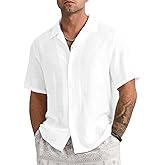 Mens Linen Button Down Shirts Short Sleeve Basic Cuban Regular Fit Wedding Summer Beach Tops