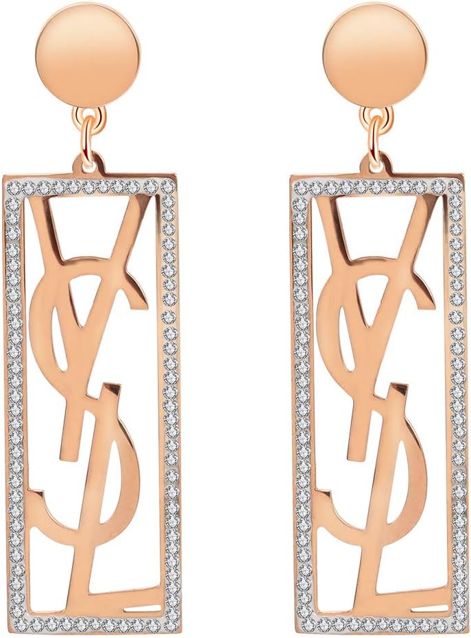 Designer Monogram Square Drop Earring, Stainless Steel Red Geometric Stud Earrings for Women,Trendy Rhinstone Rose Gold Dangle Earrings for Girls