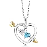 Gem Stone King 925 Silver and 10K Yellow Gold Lab Grown Diamond and Swiss Blue Topaz Pendant Necklace for Women | 1.03 Cttw | Gemstone April Birthstone | Heart Shape 5MM | With 18 Inch Chain