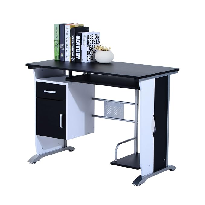 HOMCOM Computer Desk – Black, Steel Frame, MDF – Home Office PC Shelf Tray