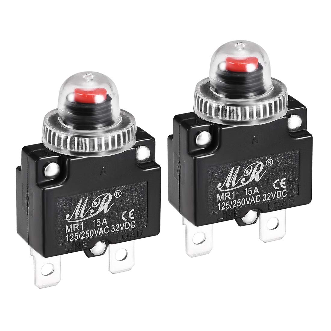Sourcingmap Thermal Circuit Breakers 15A 125/250V AC 32V DC Push Button Reset Overload Protector Switch with Waterproof Cap 2 Pcs