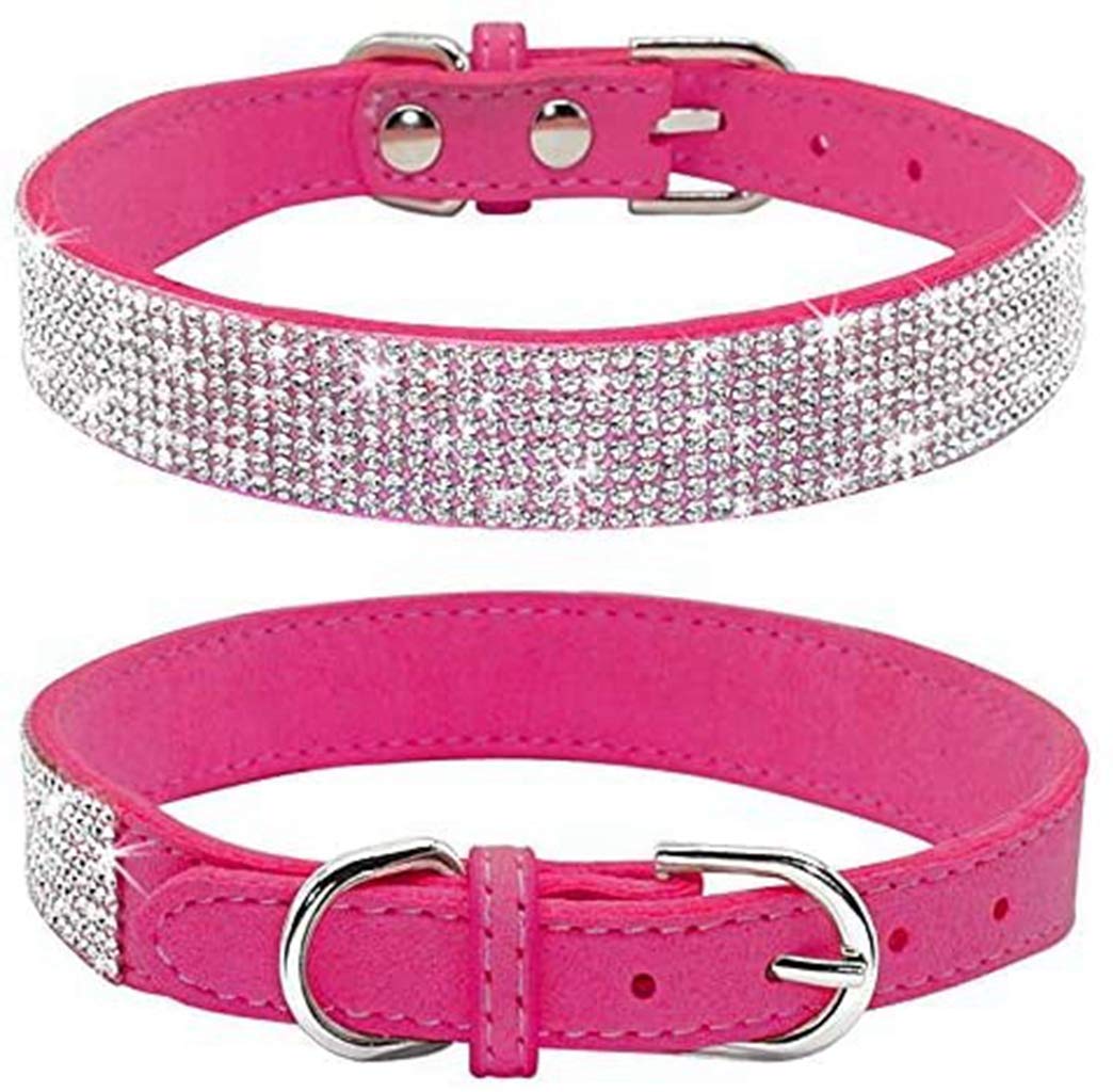 TELEYI Rhinestone Dog Collar, Cute Dazzling Sparkling Soft Suede Leather Dog Cat Rhinestone Collar Crystal Diamond Pet Dog Puppy Collar