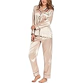 SWOMOG Womens Satin Pajamas Long Sleeve Sleepwear Silk Soft Button Down Loungewear Pjs Set S-XXL