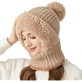Women Warm Winter Hat Fluffy One Piece Beanie Hat Fleece Face Mask Neck Scarf Set Earmuff Ski Snow Knit Hats