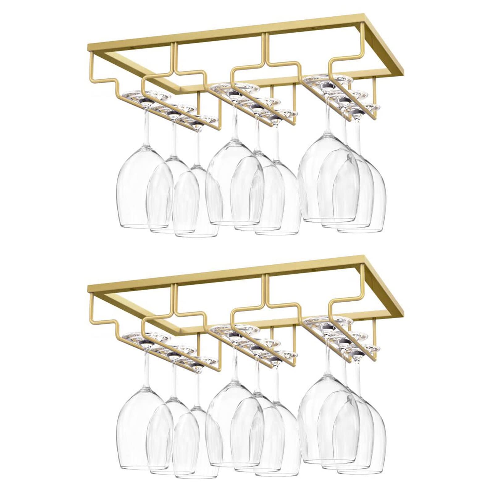 Nuovoware Wine Glass Rack, 2-Pack Under Cabinet Stemware Holder - 3 Rows, Gold