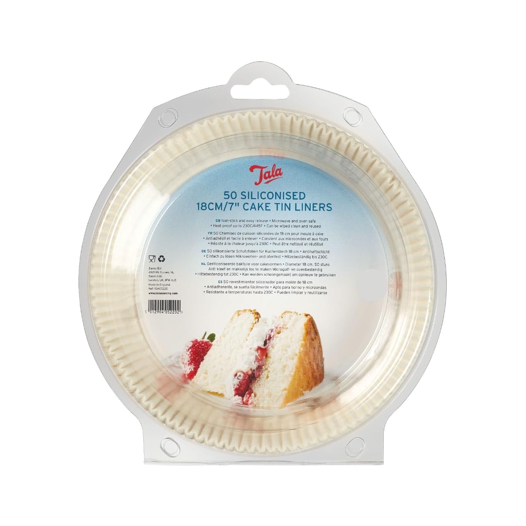 Tala Siliconised Cake Tin Liners, Non-Stick Paper Liners for Quick and Easy Release When Baking Bread and Cakes Products, 18cm / 7 Inch Diameter