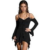 Joukavor Women's Short Medieval Renaissance Fairy Dress for Ren Faire | Renfaire Mini Handkerchief Dress, Off Shoulder, Gothic Witch Vampire Elf Whimsical Fairycore Fantasy Cosplay, Halloween, LARP