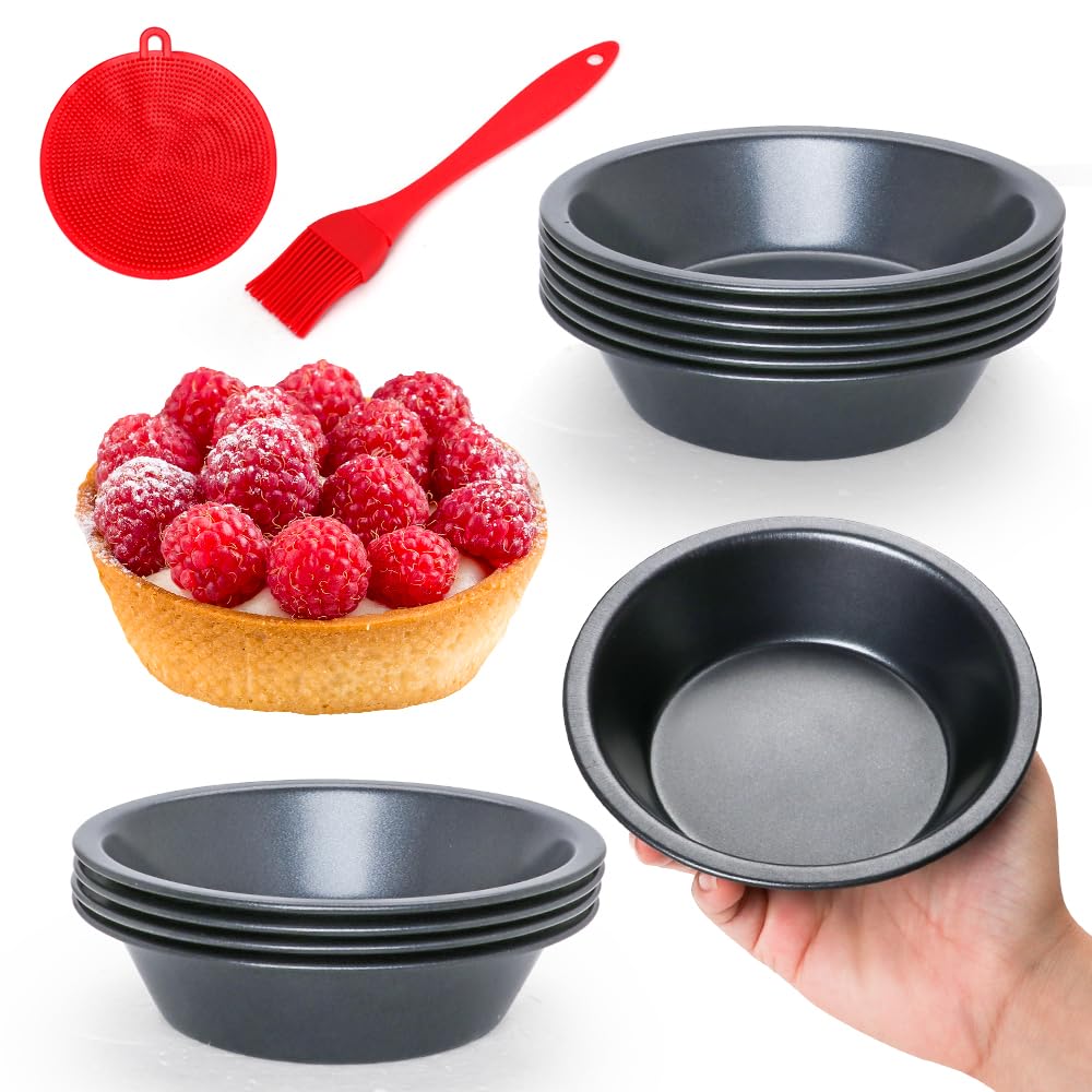 Quyimy 12PCS Individual Pie Dishes, 12cm Round Mini Quiche Dish Tart Tin, Carbon Steel Non Stick Quiche Tins Pie Dishes for Oven Baking Tin with Oil Brush&Silicone Scrubber(12.7x8x3cm)