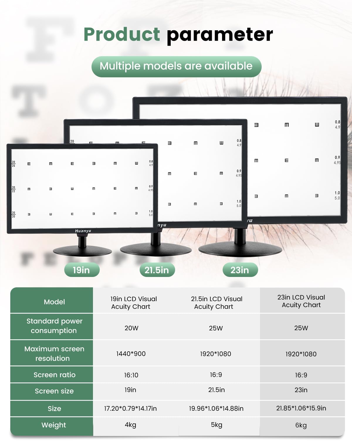Huanyu Visual Acuity Chart Digital 23inch LCD Electronic Optical Eye Charts with 44+ Visual Targets and 5 Display Methods Optometry Tester Projector with Remote