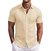 Runcati Mens Cuban Guayabera Shirt Short Sleeve Button Down Shirts Casual Linen Summer Beach Vacation Tops