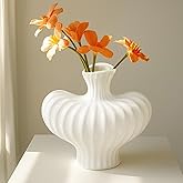 Ruckae White Ceramic Vase 7.5 Inch Vintage Flower Vase Cute Pumpkin Vases for Pampas Grass,Home Decor,Farmhouse,Office Decor,Table and Kitchen Shelf