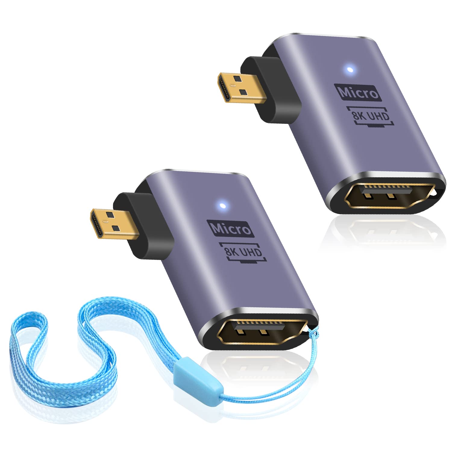 Duttek 90 Degree Micro HDMI to HDMI Adapter 8K, 48Gbps Left Angle HDMI2.1 to Micro HDMI2.1 Adapter with LED Light & Perforated Design - 2 Pack — image 1