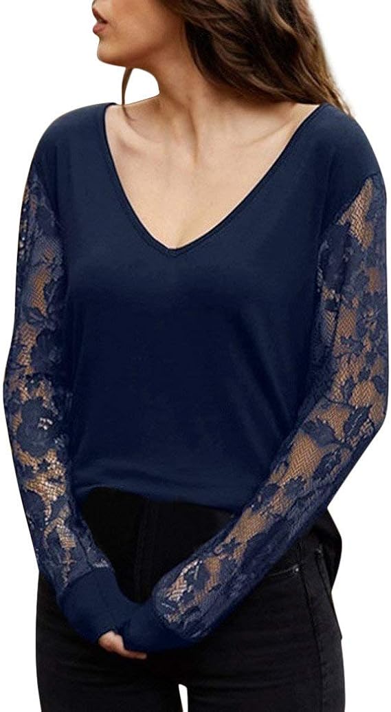 Damen Langarmshirt Elegant Herz Drucken Bluse Shirts Spitze Langarm Rundhals Basic T Shirt