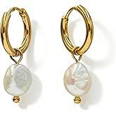 Huggie Hoop Pearl Earrings for Women - Hypoallergenic Gold-Plated Stainless Steel Drop Dangle Earrings with 8-9mm Freshwater Pearl