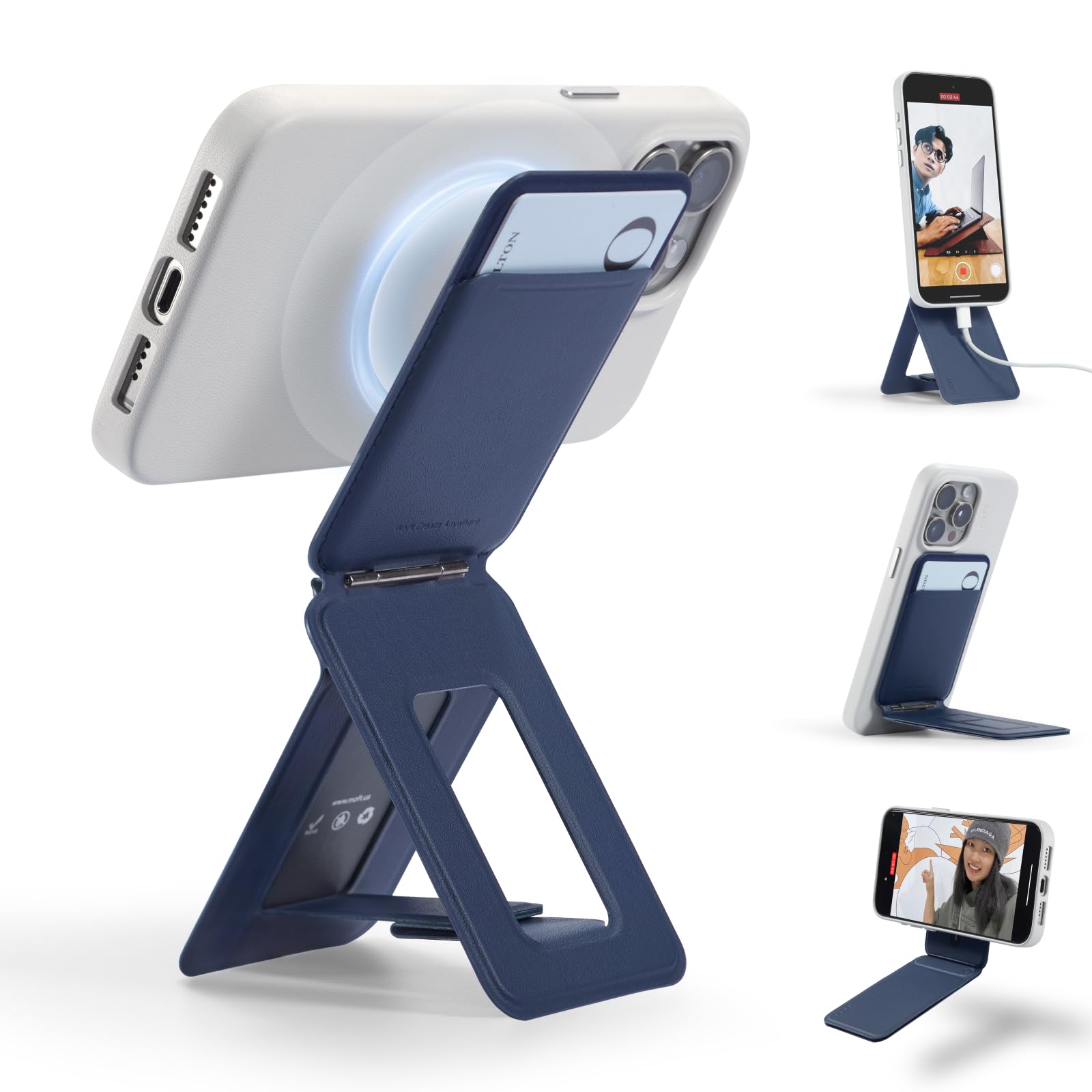 Photo 1 of MOFT Phone Tripod Wallet for iPhone, Mulit-Angles, Lightweight & Portable Phone Stand, MOVAS Vegan Leather Magnetic Wallet, Strong Magnets, NFC Card Holder,Travel Essential, Navy Blue (With Card Slot)