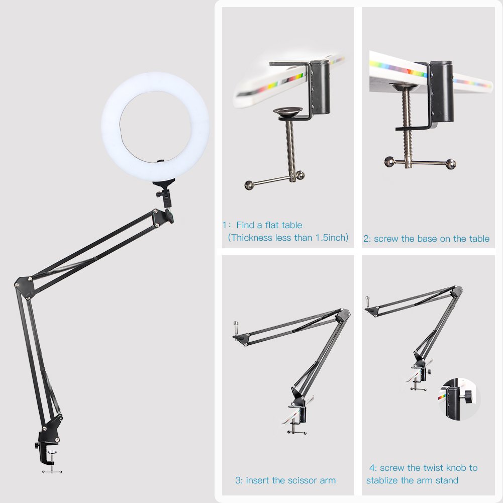 10 in 1 Zomei 14-inch Dimmable LED Light Ring Kit with 63” Stand Tripod, Boom Studio Scissor Arm Stand, White Diffuser Cloth for Makeup Photography Videography YouTube Facebook