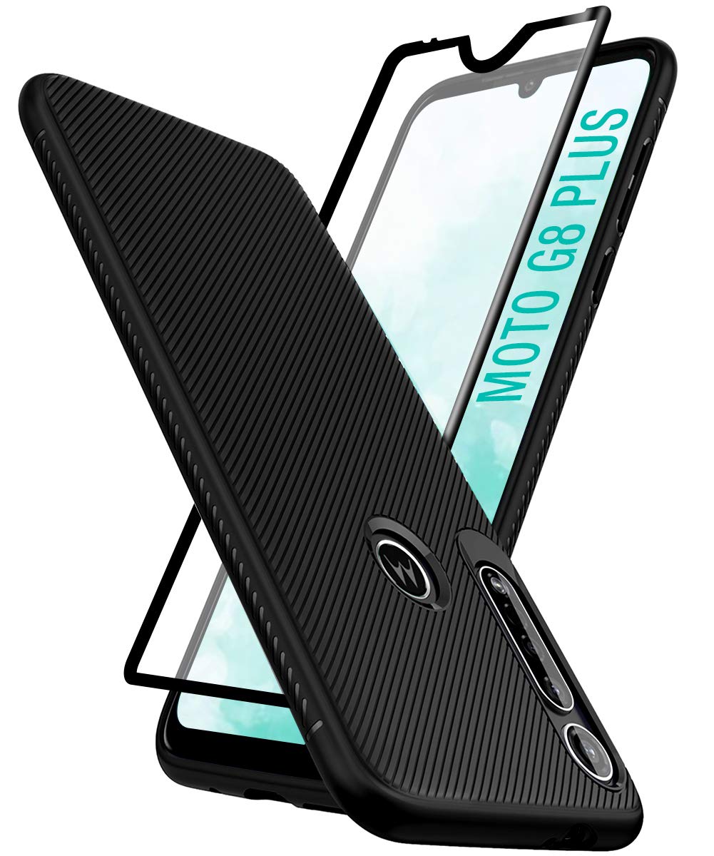 Sunnyw Motorola Moto G8 Plus Case (2019) with Tempered Glass Screen Protector, Ultra Slim Ribbed Shock Absorption Flexible TPU Rubber Scratch Resistant Snug Fit Case (Black)