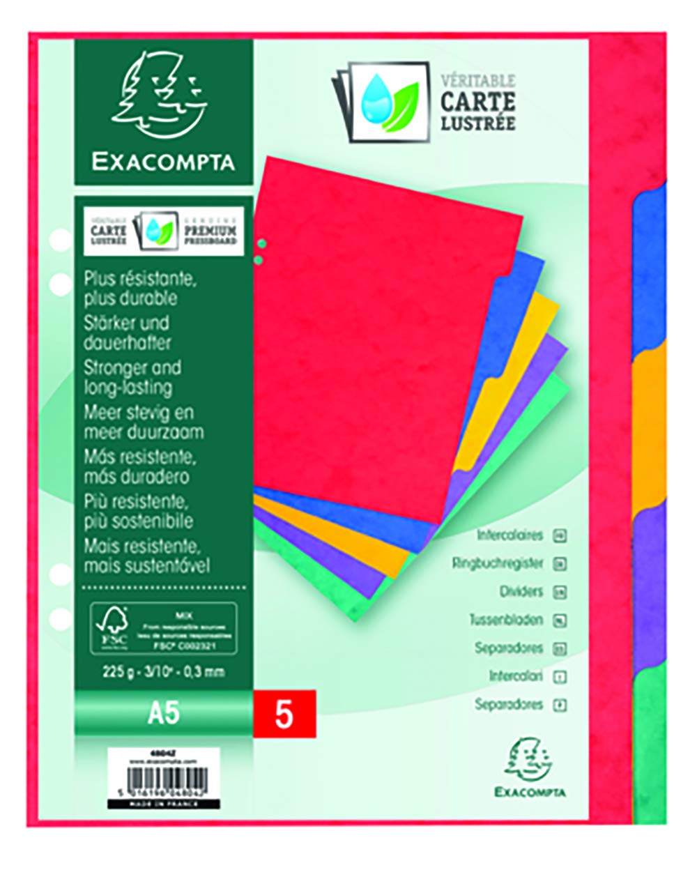 Exacompta - Ref 4804Z - Nature Future Dividers - Suitable for A5 Documents, Pre-Punched, 225gsm Genuine Pressboard, 5-Part Dividers, FSC-Certified - Multi-Coloured