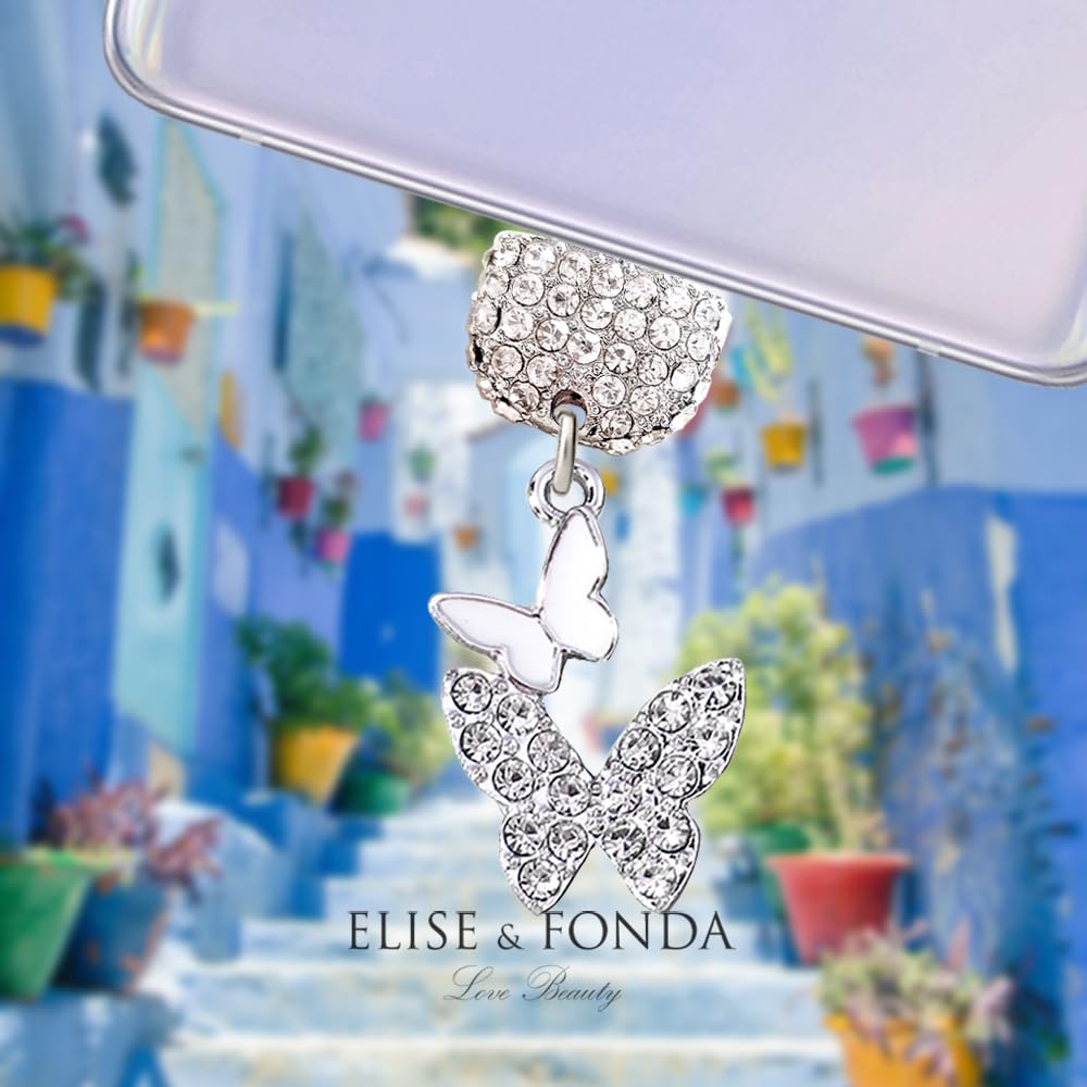 TP226 Type-C Charging Port Crystal Anti Dust Plug Little Double Butterflies Cell Phone Charm for Samsung/OnePlus/Xiaomi/oppo Android Phone iPhone 15/16