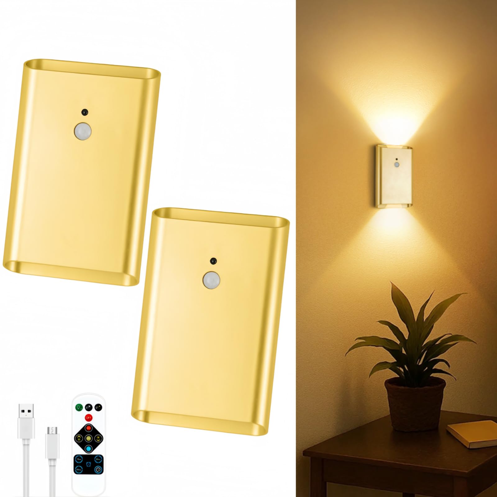 Battery Operated Wall Sconce Set of 2: 5000mAh Rechargeable Motion ...