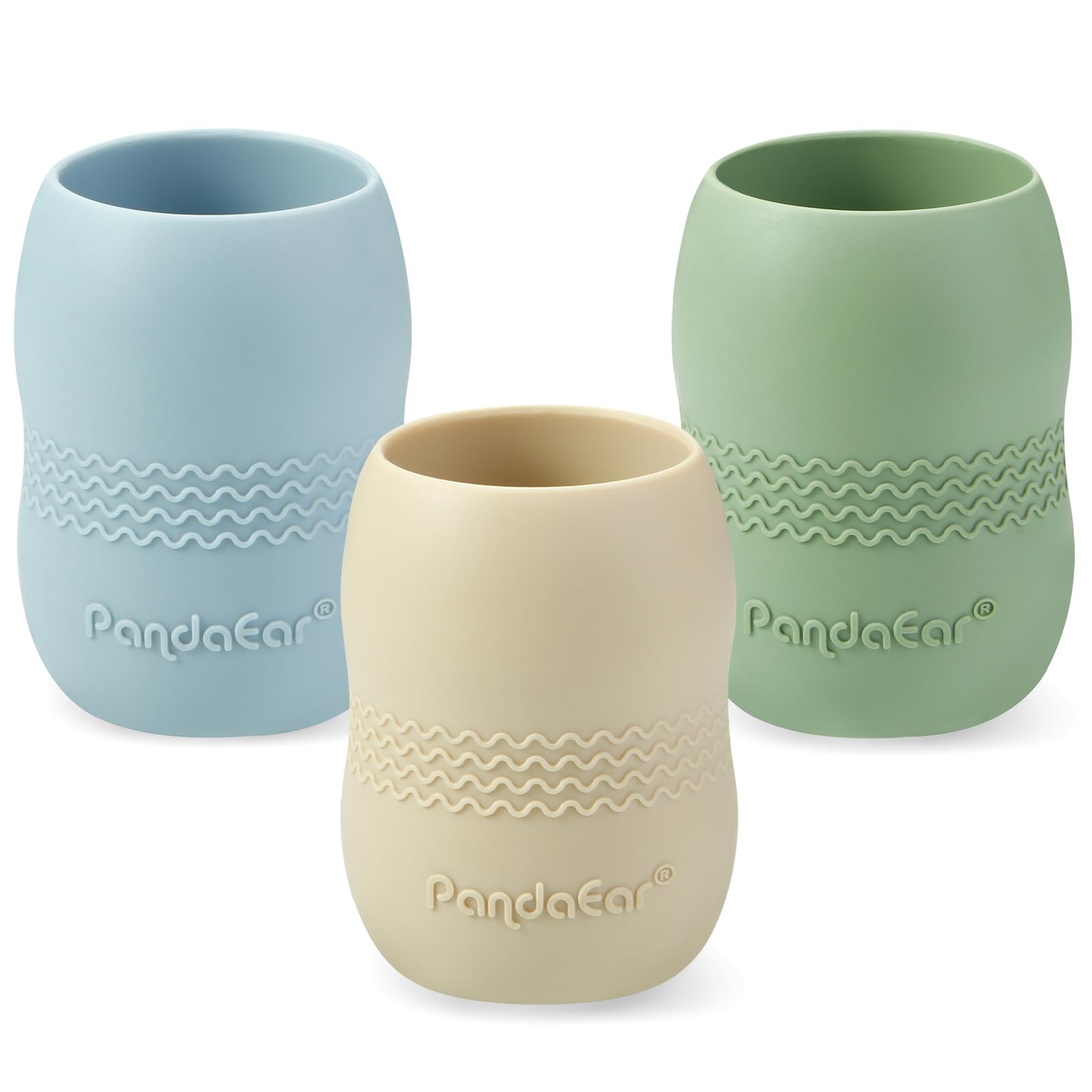 PandaEar 3 Pack Silicone Sippy Cup 6+ Months, Tiny Drinking Cup for Infants Kids, Open Weaning Cup, Non Spill Cups for Toddler (Blue/Green/Tan)