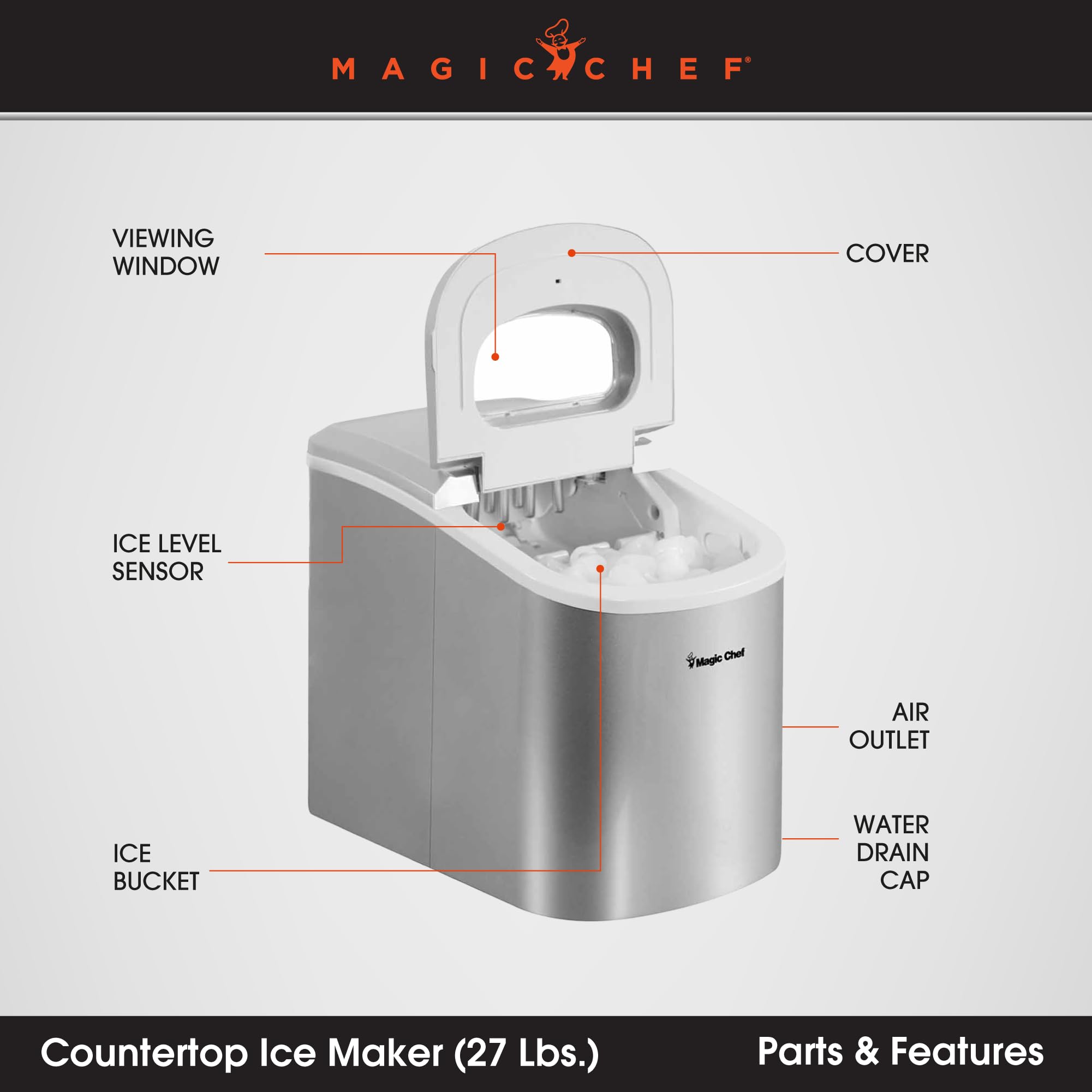 Magic Chef 27-Lb. Portable Ice Maker in Silver, Tabletop Ice Maker for Kitchen, Apartment, Dorm, and Basement with Viewing Window, 2 Ice Cube Sizes, and Ice & Water Level Indicator Lights