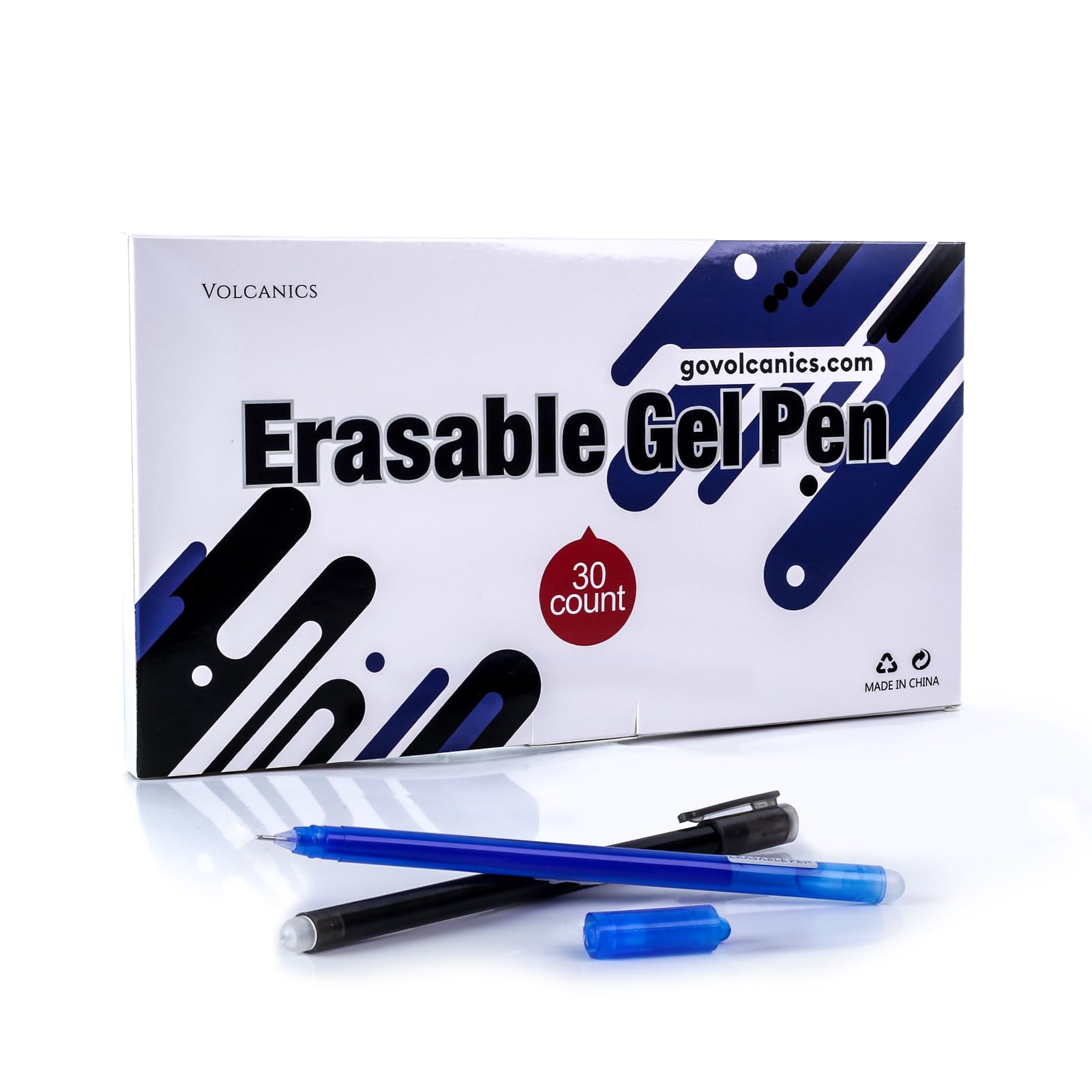Volcanics Erasable Gel Pens 30-Pack, Black & Blue 0.5mm Thin Pens, Smudge-Free - Ideal for School, Office, and Home Use - Smooth Writing & Easy Erasing