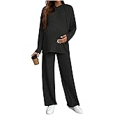 MakeMeChic Women's Maternity 2 Piece Outfits Lounge Set Ribbed Knit Long Sleeve Hoodie and Pants Pregnancy Set