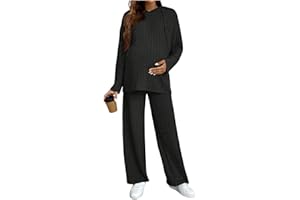MakeMeChic Women's Maternity 2 Piece Outfits Lounge Set Ribbed Knit Long Sleeve Hoodie and Pants Pregnancy Set