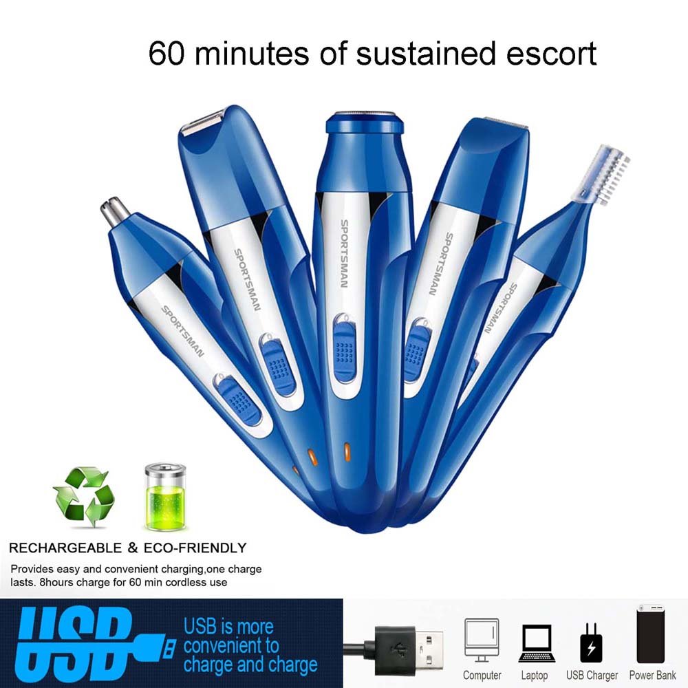 Nose Hair Trimmer,5 in 1 USB Rechargeable Ear Nose Beard Trimmer Electric Razor Shaver Cordless Hair Clippers Eyebrow Trimmer Wet/Dry Waterproof Grooming Kit for Men Women