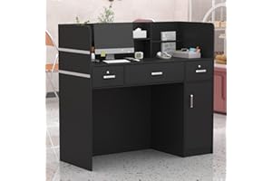 AGOTENI Reception Desk Reception Stations with Open Shelf & Drawers, Wooden Counter Desk with Lockable Drawer for Office Reception Room (Black)