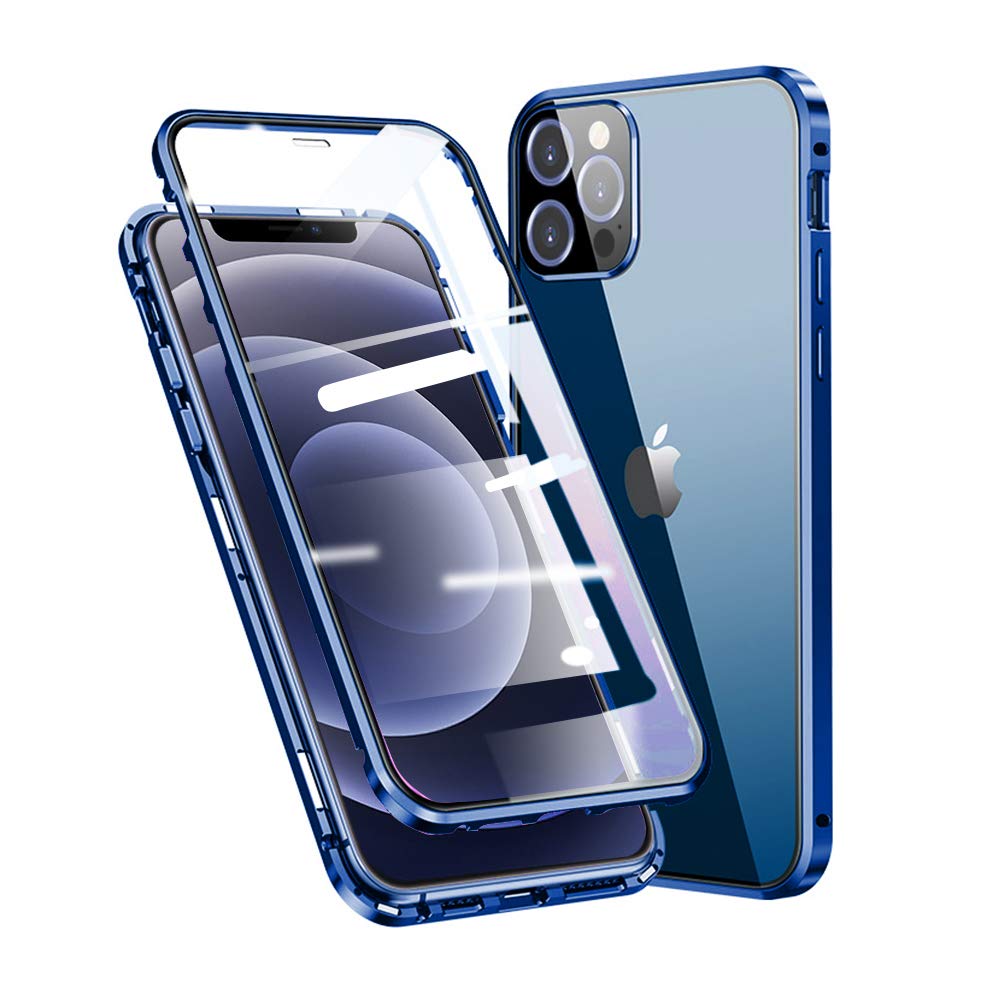 Jonwelsy Case for iPhone 12 Pro (6.1 inch), Magnetic Adsorption Metal Bumper Frame Flip Cover with 360 Degrees Double sides Transparent Tempered Glass Case for iPhone 12 Pro (Blue)