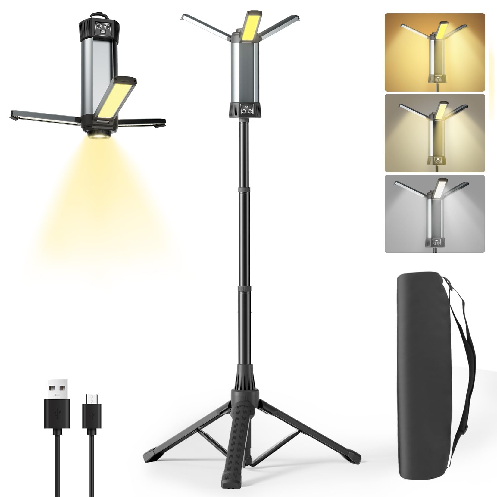 Photo 1 of Rechargeable LED Work Light with Stand, Cordless Camping Light with Portable Telescopic Bracket, 6AH Battery, 2000Lumen Outdoor Construction Lights with Carrying Bag (Large)