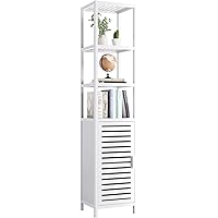 HITNET Bathroom Tall Cabinet, Floor Standing Bamboo Storage Cabinet with 6 Shelves and Shutter Door for Kitchen Living Room, 