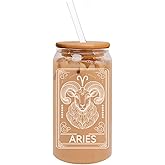 MIP 16oz Can Shaped Glass Iced Coffee Cup with Bamboo Lid and Straw Gift Tarot Card Zodiac Horoscope (Aries)