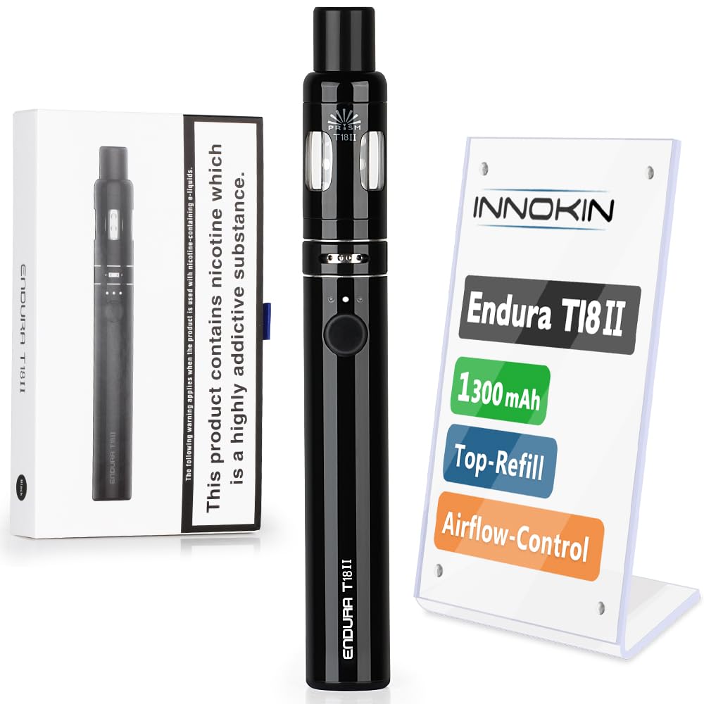 Innokin Endura T18II E Cigarette Vape Pen Starter Kit 1300mAh, Variable Wattage, E-Cig Top-Refill 2ml Tank with Airflow Control Vaping, Uses Prism Coil, Magnetic Dust-Proof-Cap, No Nicotine (Black)