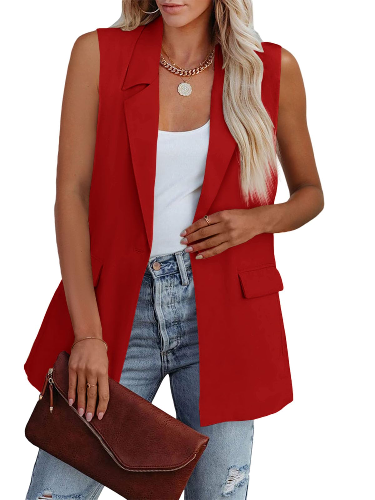 Photo 1 of Size L Cicy Bell Women's Sleeveless Blazer Vest Casual Open Front Single Button Summer Jacket with Pockets Red
