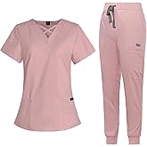 VIAOLI Scrubs for Women Set Modern V-Neck Top & 8 Pocket Jogger Pants Nursing Uniform Solid Stretch Workwear