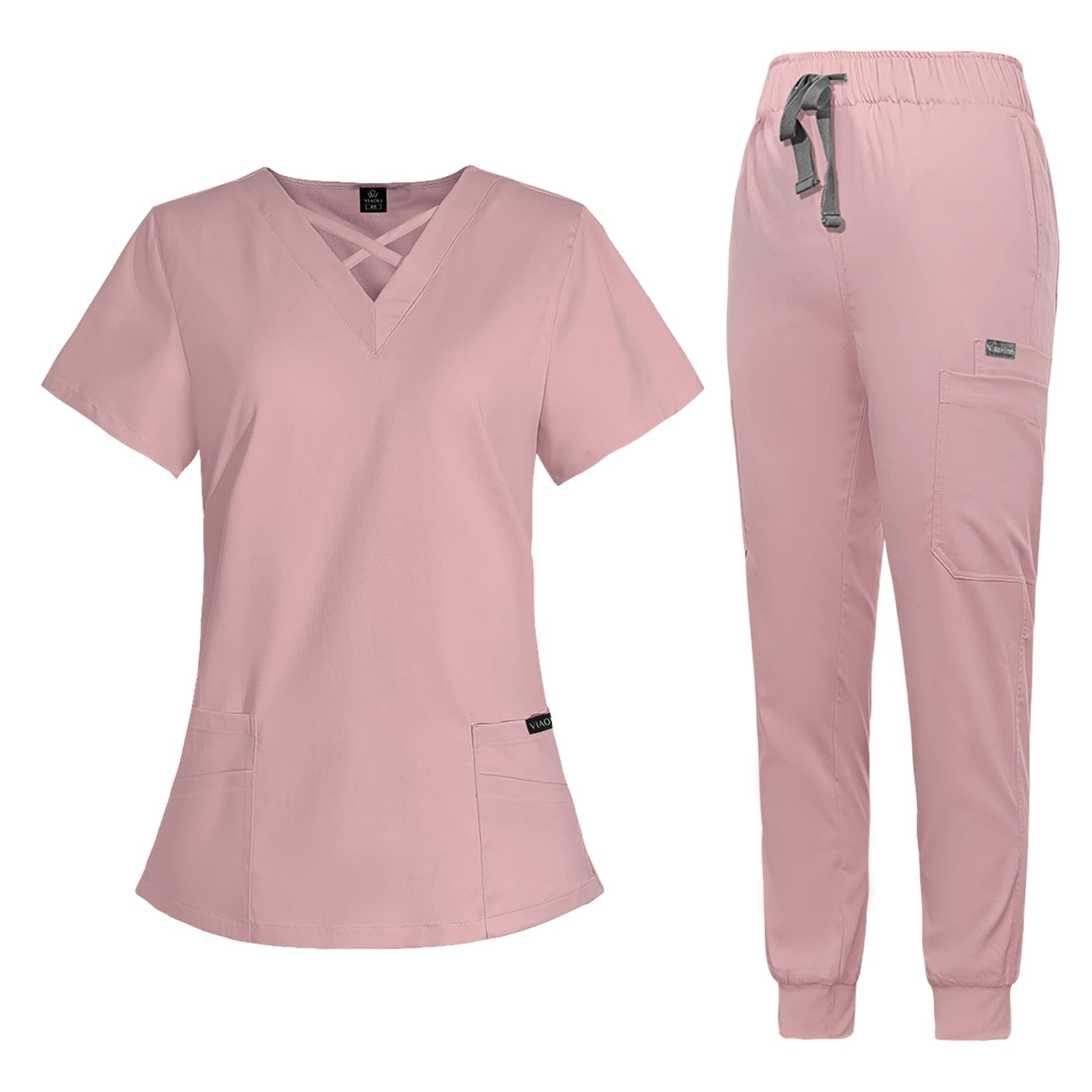 Photo 1 of VIAOLI Scrubs for Women Set Modern V-Neck Top & 8 Pocket Jogger Pants Nursing Uniform Solid Stretch Workwear