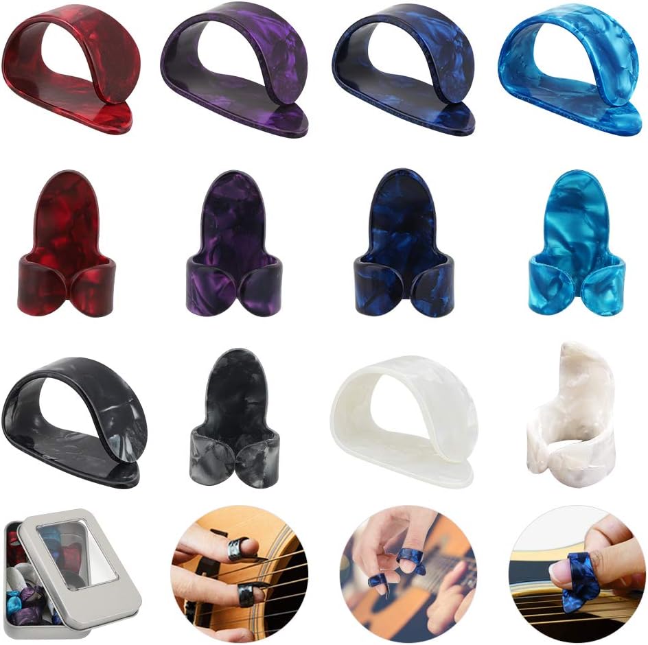 Finger Picks, HICOO Celluloid Guitar Thumb Finger Forefinger Picks with Iron Box for Electric Guitars, Bass, Ukulele 12pcs