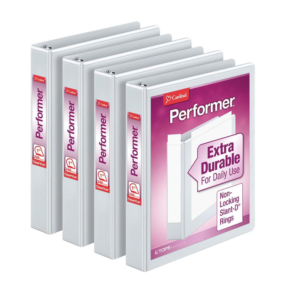 Photo 1 of Cardinal Performer 3-Ring Binders, 1", Non-Locking Slant-D Rings, 240-Sheet Capacity, ClearVue Presentation, Non-Stick, PVC-Free, White, 4-Pack (27200)