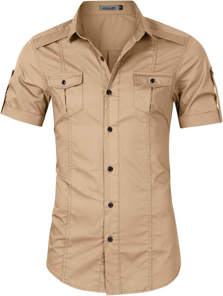 KUULEEMen's Tactical Cargo Work Shirt Military Casual Slim Fit Long Sleeve Shirts Tops