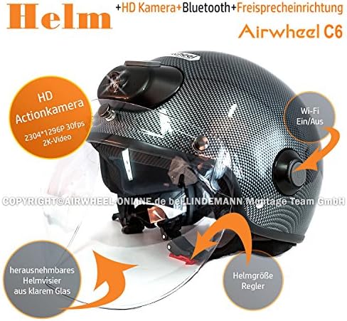 AIRWHEEL C6 Skihelmet with Visor and Sun-Visor for Woman / Men, carbonschwarz. Helmet with HD Camera, WiFi, Bluetooth, Headphones, Handsfree. Size M 57-58cm