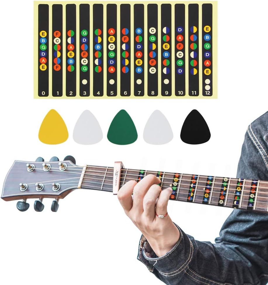BUZIFU Guitar stickers Guitar Learning Decals 6 Color Coded Note for Guitar Fretboard Fret Map Note Stickers with 5 Picks for Beginner/Learning Guitar | Standard Edition
