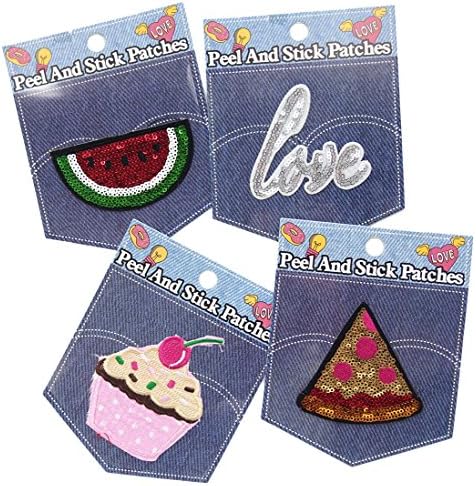 Embroidered Peel and Stick Patches for Clothing, Jeans, Jackets, Shirts, Backpacks and More (4 pc Sequin Foods and Love)